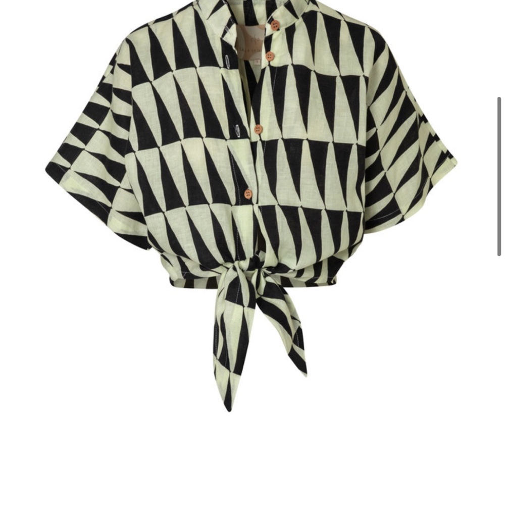 Tie-Front Geometric Button-Down Shirt - Black and Cream